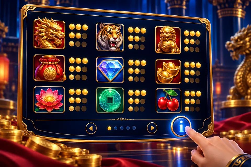 ภาพตารางสัญลักษณ์สล็อตและปุ่มข้อมูลเกม